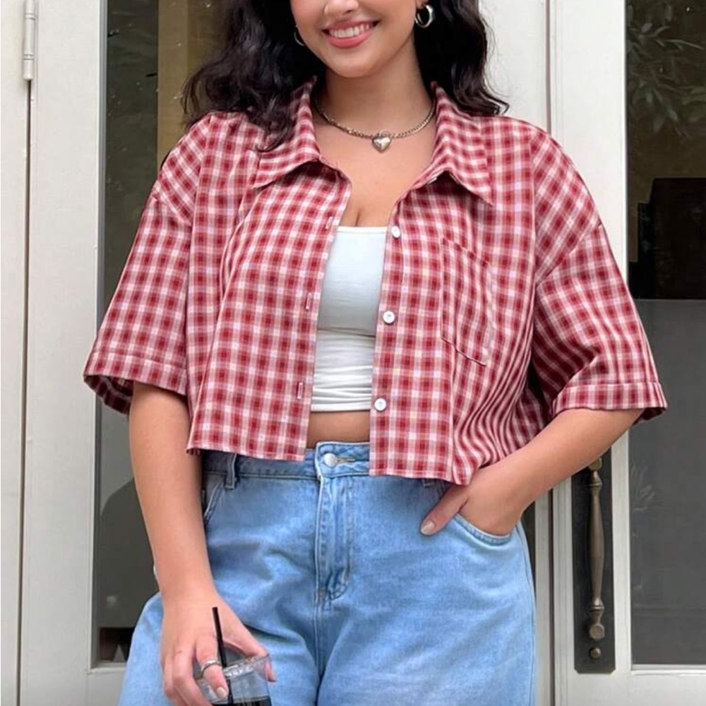 Plaid Button-Up Red Top - Picture 3 of 6